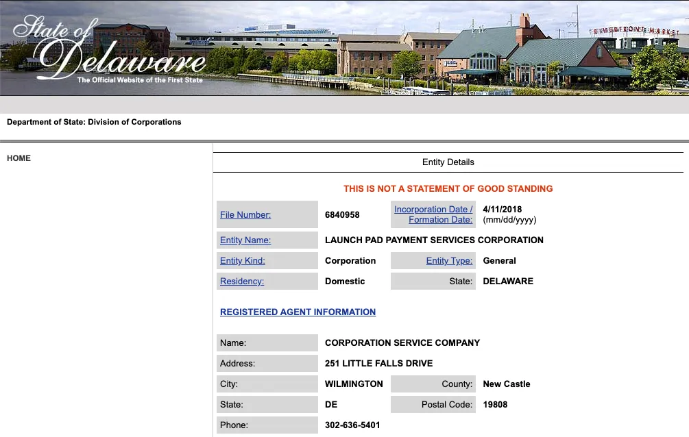 Launch Pad Payment Services Corporation entity details from the Delaware Division of Corporations showing registration as a domestic general corporation